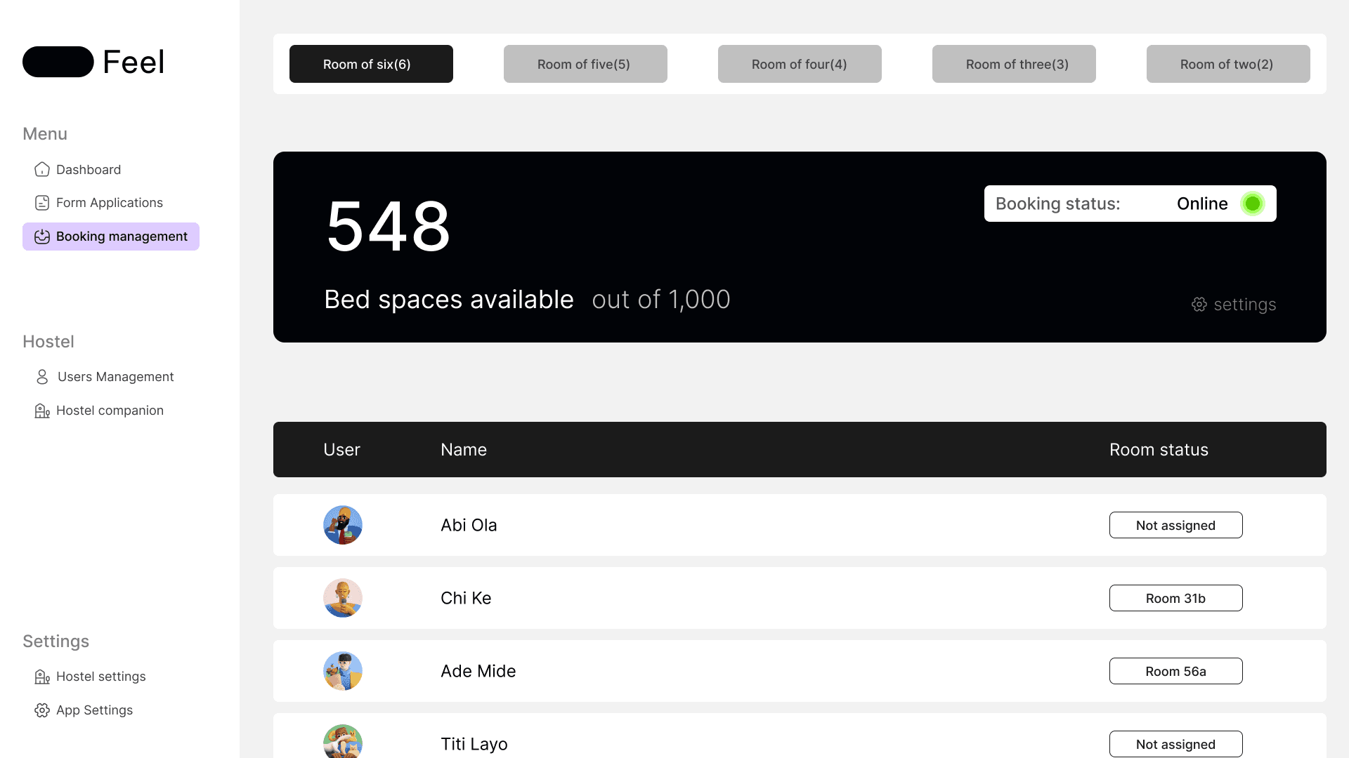The FEEL admin dashboard booking management view: filter by room package, see bed spaces available, and assign each student a room.