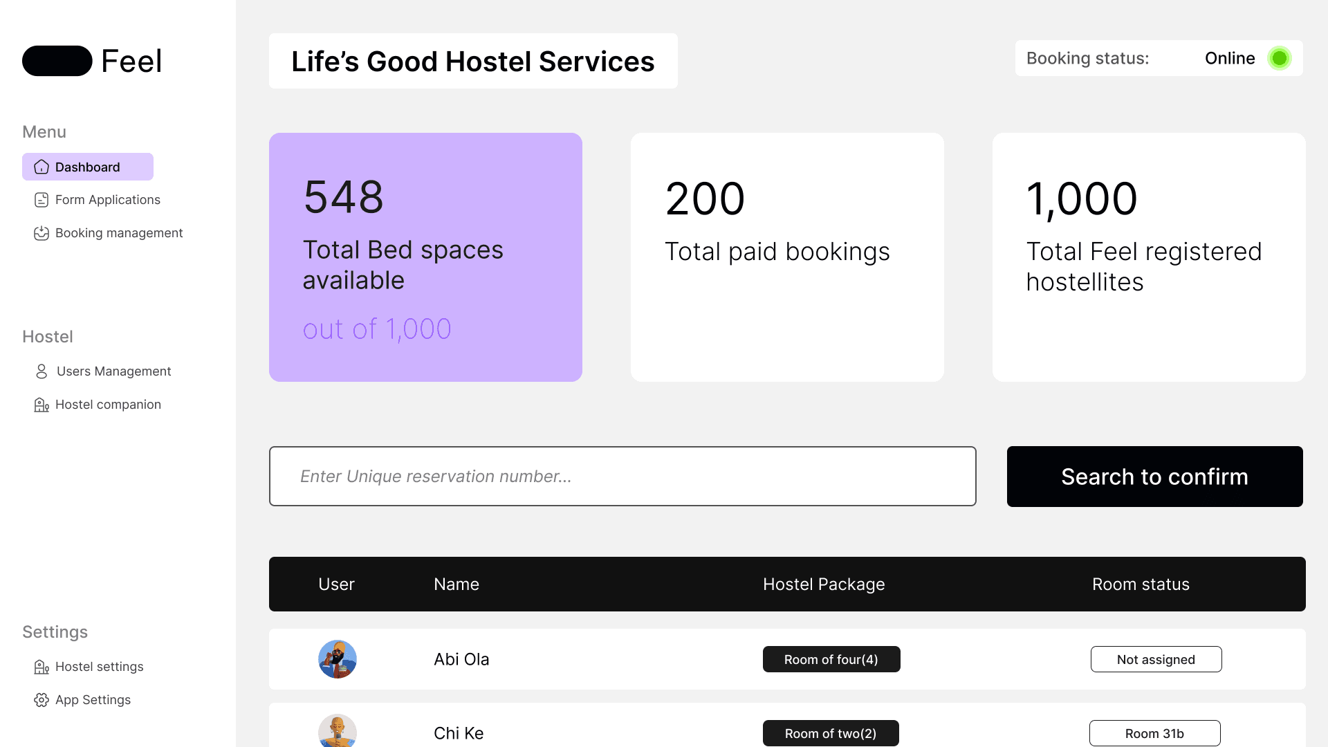 The FEEL admin dashboard: total bed spaces available, paid bookings, registered students, a reservation search, and a table of students with their room status.