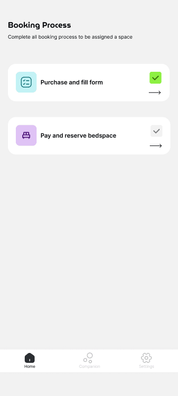 FEEL booking process screen: purchase and fill form completed, pay and reserve bedspace as the next stage.