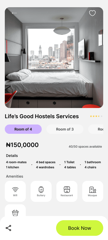 FEEL listing screen: Life's Good Hostels, Room of 4, ₦150,000, amenities and availability.