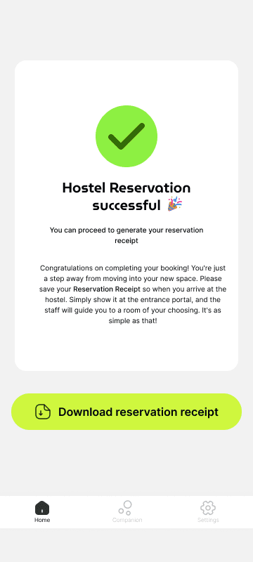 FEEL reservation successful screen with a Download reservation receipt button.