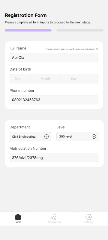 FEEL registration form: full name, date of birth, phone number, department, level and matriculation number.